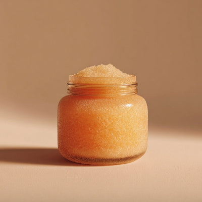 Jar of brown sugar on a beige background