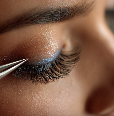 Close-up of a person applying eyeash extensions 