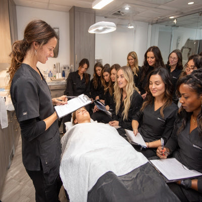 Group of women in a beauty salon setting with a instructor.
